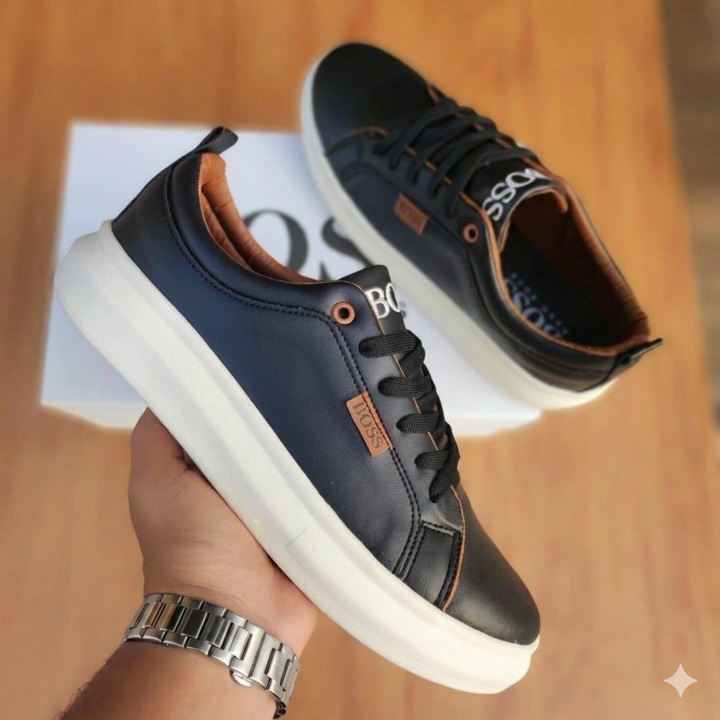 Sapatênis Hugo Boss em Couro Sintético Premium – Preto Branco (Cópia)