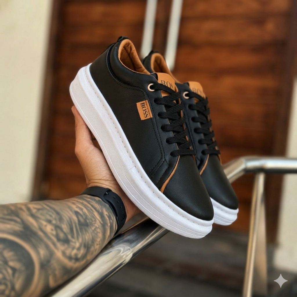 Sapatênis Hugo Boss em Couro Sintético Premium – Preto Branco (Cópia)