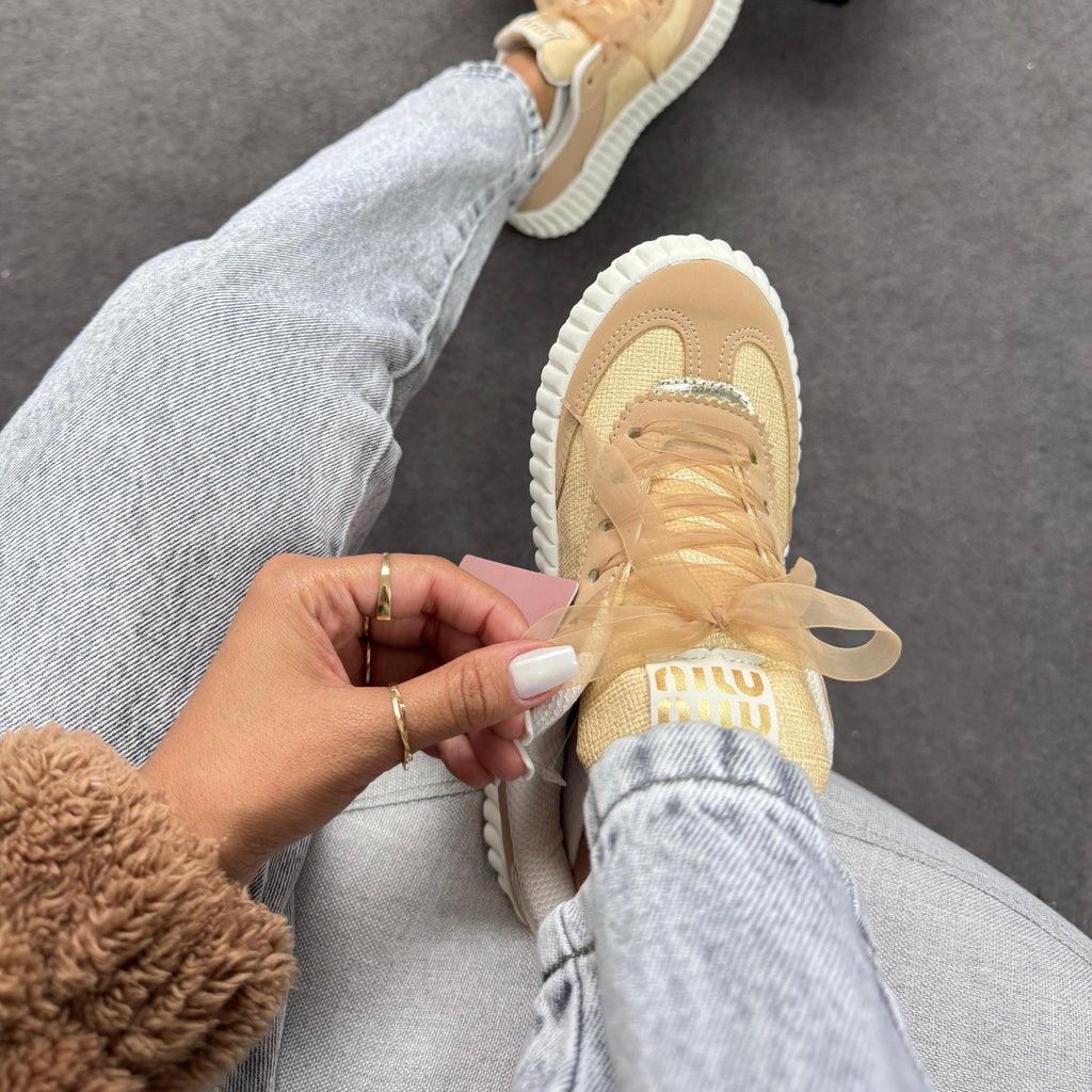 Tênis Casual Quenz Miu Miu Dakar Palha/Amêndoa/Ouro