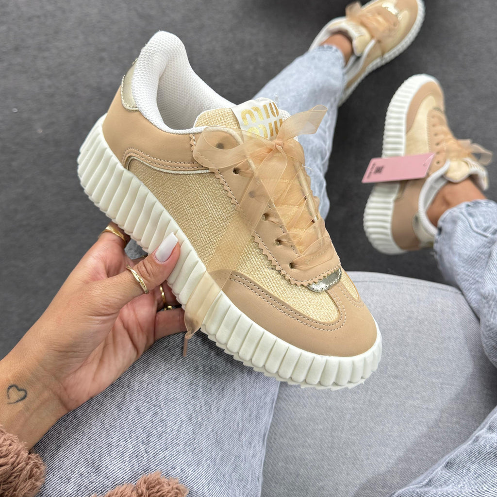 Tênis Casual Quenz Miu Miu Dakar Palha/Amêndoa/Ouro